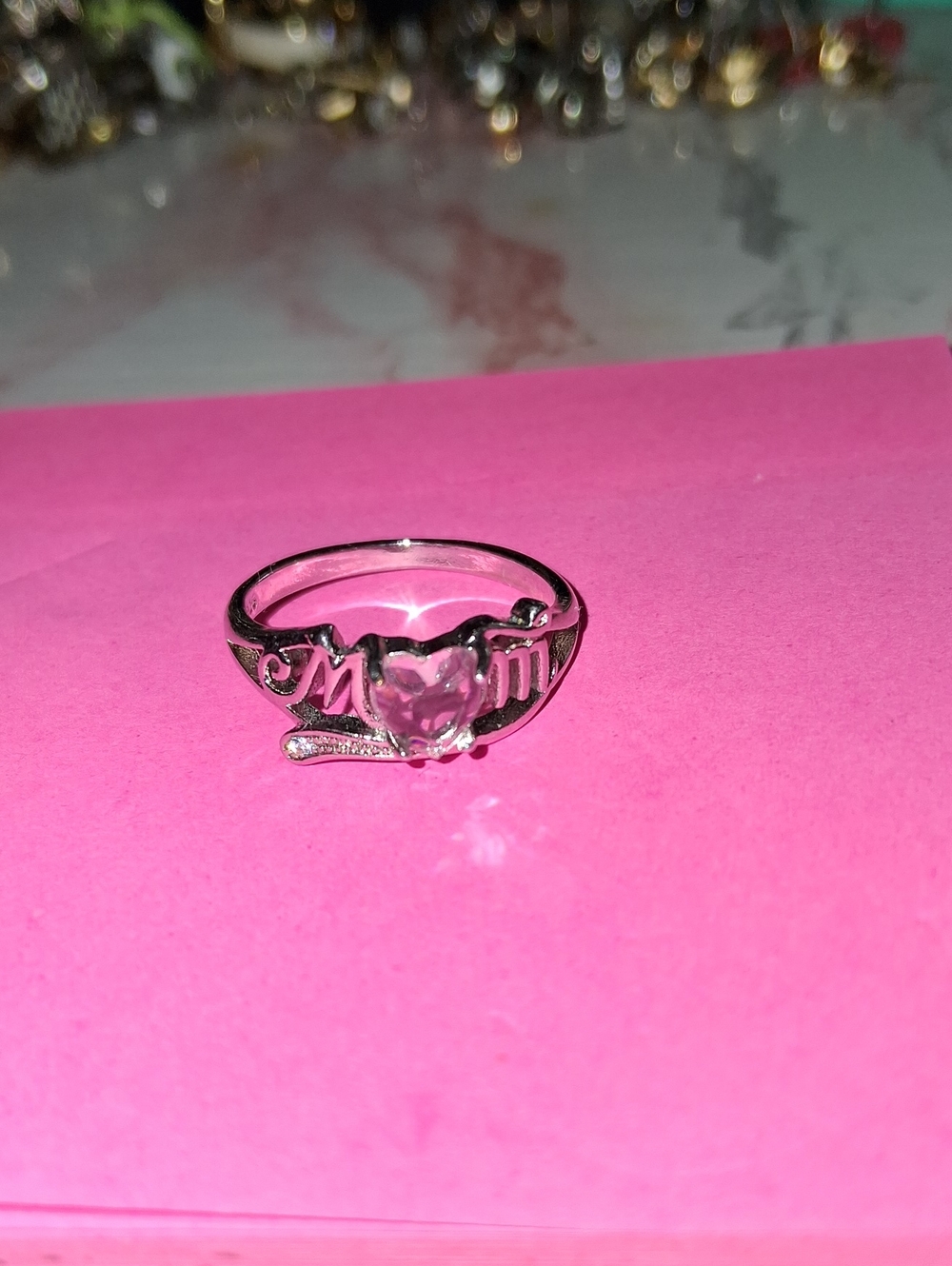 Silver 'Mom' Heart Ring with White Stone